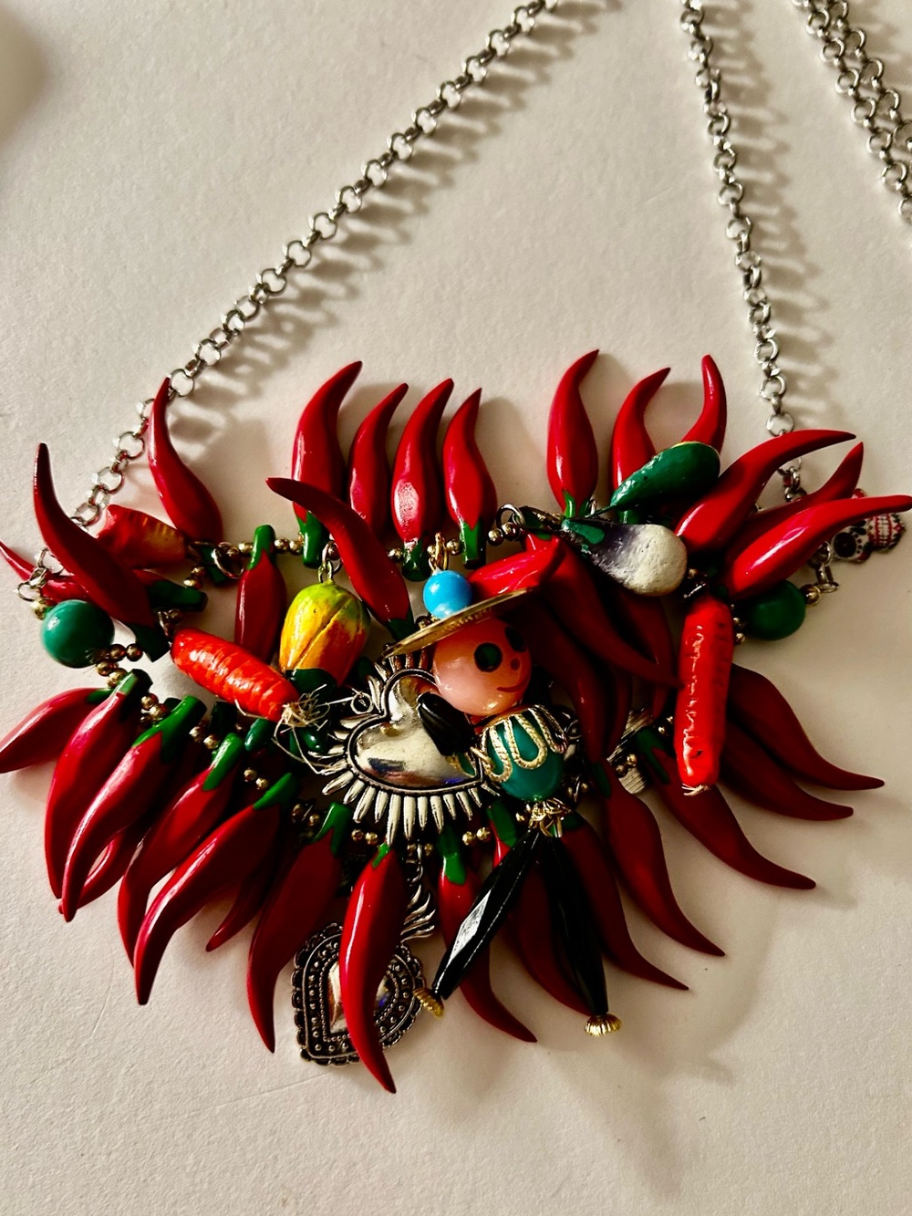 Charm Necklace Vintage Dia de Muertos: Man, Chilis & Papier Mache vegs, Milagros